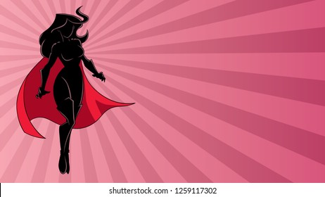 Full length illustration of determined and powerful superheroine flying against abstract ray light background.
