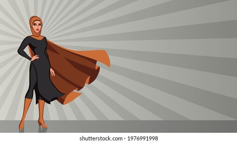 Full length illustration of determined and powerful Middle Eastern superheroine wearing hijab while standing tall against abstract ray light background.