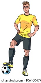 Full length illustration of a determined and skilled football player posing confident with the soccer ball against white background for copy space