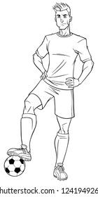 Full length illustration of a determined and skilled football player posing confident with the soccer ball against white background for copy space.