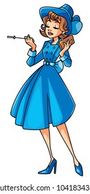 Full length illustration of an elegant woman wearing vintage blue dress and hat against white background for copy space.