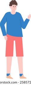 Full length illustration of a friendly young man with curly hair, wearing a blue long sleeved shirt, red shorts, and blue socks, waving his right hand in greeting, isolated on a white background