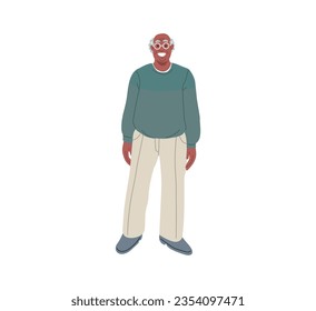 Full length illustration of happy american african senior in glasses standing isolated on white background.Vector illustration