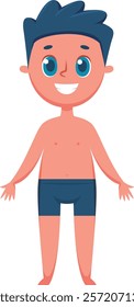 Full length illustration of a happy boy wearing blue swimsuit, standing with open arms and smiling, in a cartoon style over white background