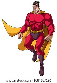 Full length illustration of happy cartoon superhero wearing cape and red costume while flying up during mission against white background for copy space.