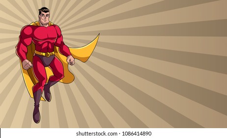 Full length illustration of happy cartoon superhero wearing cape and red costume while flying over abstract ray light background.