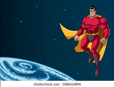 Full length illustration of happy cartoon superhero wearing cape and red costume while flying in the outer space.