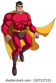 Full length illustration of happy cartoon superhero wearing cape and red costume while flying up during mission against white background for copy space.