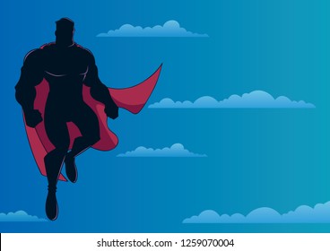 Full length illustration of happy cartoon superhero wearing cape while flying up in the sky.