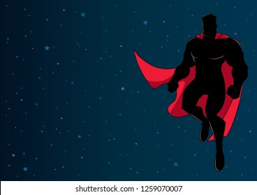 Full length illustration of happy cartoon superhero wearing cape while flying in the outer space.