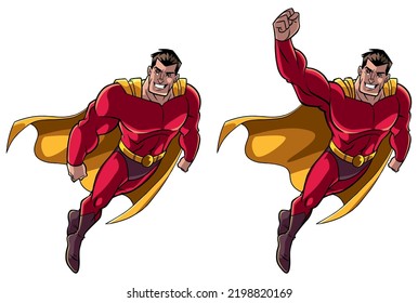 Full length illustration of happy cartoon superhero wearing cape and red costume while flying up during mission against white background.