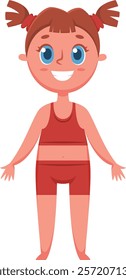 Full length illustration of a happy cartoon girl wearing a red sports bra and shorts, smiling with pigtails and open arms, isolated on a white background