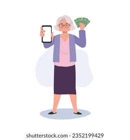 Full Length Illustration of Happy Senior Woman Using Smartphone for Financial Transactions.