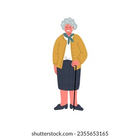 Full length illustration of happy senior lady with cane standing isolated on white background.Vector illustration