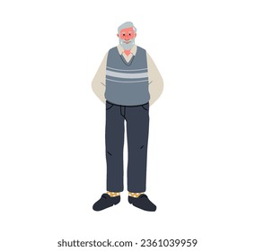 Full length illustration of happy senior with beard standing isolated on white background.Vector illustration