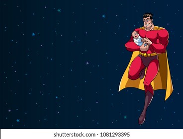 Full length illustration of happy superhero dad flying in the outer space and holding his cute newborn baby in his arms. 