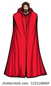 Full length illustration of Jesus Christ wearing red cloak and looking at you with serious expression.