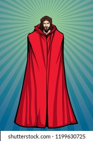 Full length illustration of Jesus Christ wearing red cloak and looking at you with serious expression.