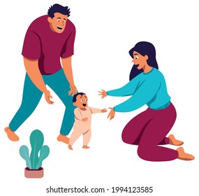 Full length illustration of little baby boy making his first steps in front of mom and dad.