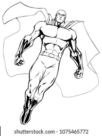 Full length illustration of powerful superhero looking down while soaring in the sky.