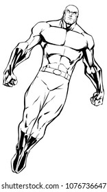 Full length illustration of powerful superhero looking down while soaring in the sky.