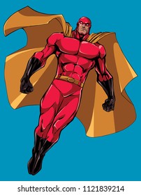 Full length illustration of powerful superhero looking down while soaring in the sky.