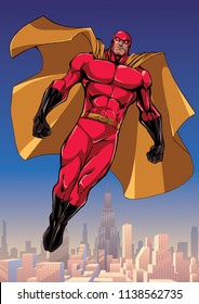 Full length illustration of powerful superhero looking down while soaring in the sky above big city.