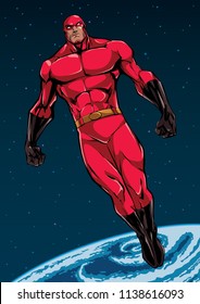 Full length illustration of powerful superhero looking down while soaring in the outer space.