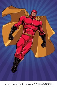 Full length illustration of powerful superhero looking down while soaring over abstract background.