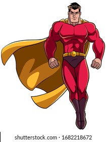 Full length illustration of powerful superhero looking down while soaring on white background.