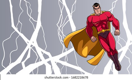 Full length illustration of powerful superhero looking down while soaring in the sky during a thunderstorm.