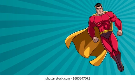 Full length illustration of powerful superhero looking down while soaring over abstract background.