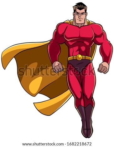 Full length illustration of powerful superhero looking down while soaring on white background.