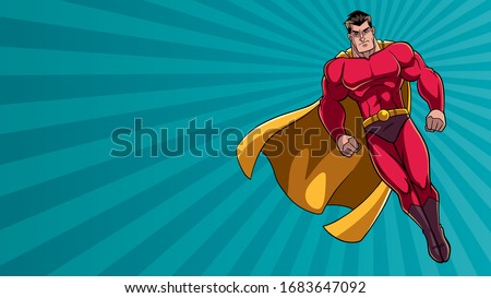 Full length illustration of powerful superhero looking down while soaring over abstract background.