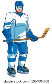 Full length illustration of a professional ice hockey player wearing skates while holding the hockey stick during game isolated on white background for copy space