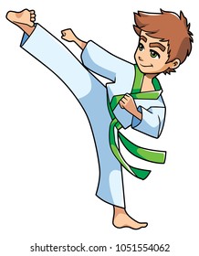 Full length illustration of a skilled boy with green belt exercising balance and flexibility during karate stance against white background for copy space