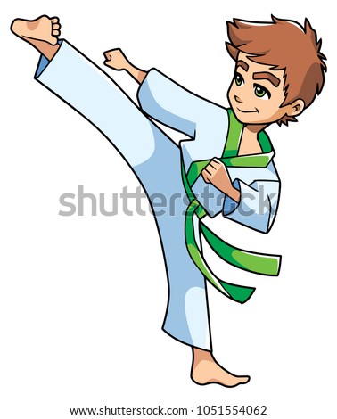 Full length illustration of a skilled boy with green belt exercising balance and flexibility during karate stance against white background for copy space