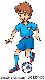 Full length illustration of a skilled and competitive boy dribbling during football match against white background for copy space