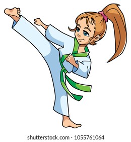 Full length illustration of a skilled girl with green belt exercising balance and flexibility during karate stance against white background for copy space