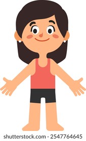 Ilustração completa de uma menina sorridente mostrando as mãos abertas, vestindo uma camiseta e shorts, isolada em um fundo branco, representando conceitos de acolhedor, abertura e simpatia