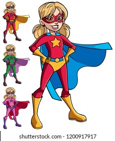 Full Length Illustration Of Super Heroine Girl Smiling Happy While Wearing Cape And Superhero Costume.