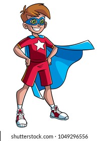 Full length illustration of a superhero boy smiling happy while wearing a blue cape against white background for copy space