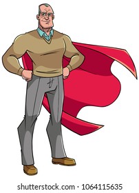 Full length illustration of a superhero grandfather smiling while posing proud and confident with his red cape isolated on white background for copy space