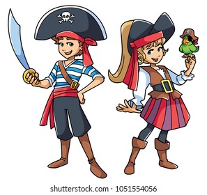Full length illustration of two cute and happy children, boy and girl, smiling while wearing pirate costumes during carnival party against white background for copy space 