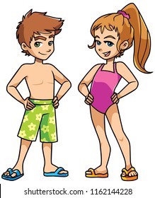 Full length illustration of two cute and happy children, boy and girl, smiling while wearing swimsuits and flip-flops, on white background.