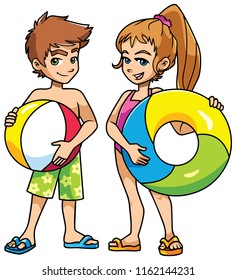 Full length illustration of two cute and happy children, boy and girl, smiling while wearing swimsuits and flip-flops, and holding beach ball and swim ring on white background.