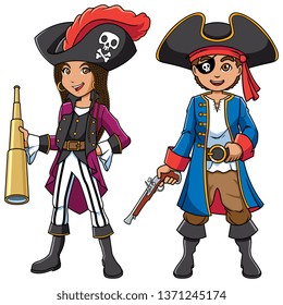Ilustración completa de dos niños lindos y felices, niño y niña, sonriendo mientras usan disfraces piratas durante la fiesta de carnaval contra fondo blanco para copiar espacio.