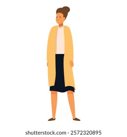 Full length illustration of a young adult woman wearing a yellow coat