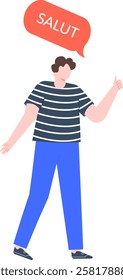 Full length illustration of a young man gesturing a thumbs up with a speech bubble saying salut, expressing approval and greeting in French