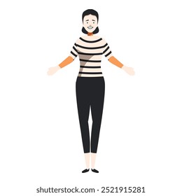 Full length illustration of a young mime artist woman standing with open arms smiling